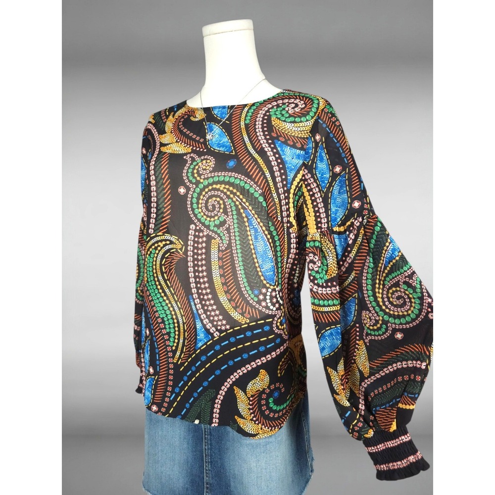 Boho Chic Paisley Graphic Balloon Sleeve Keyhole Back Blouse Womens S